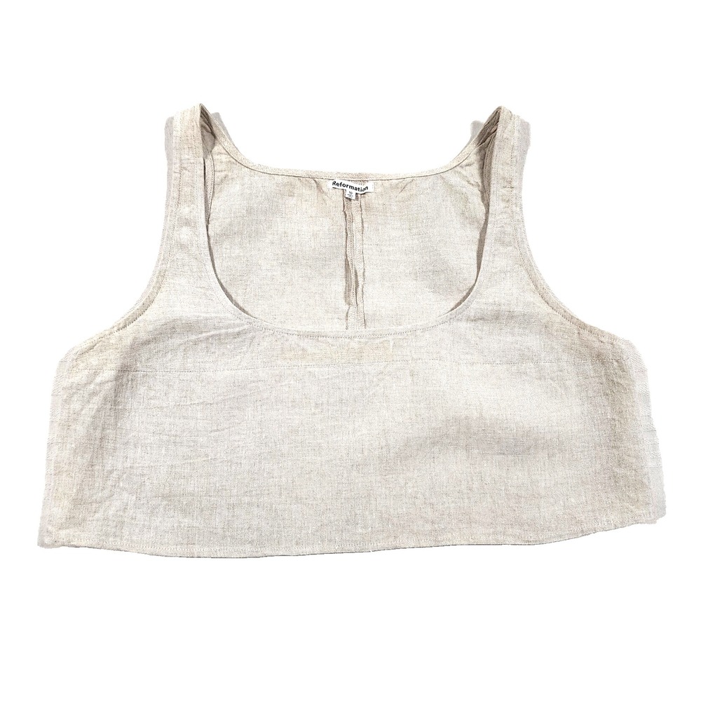 Reformation Top Womens 10 Adalyn Linen Straps Wide Beige Cropped Square Neck